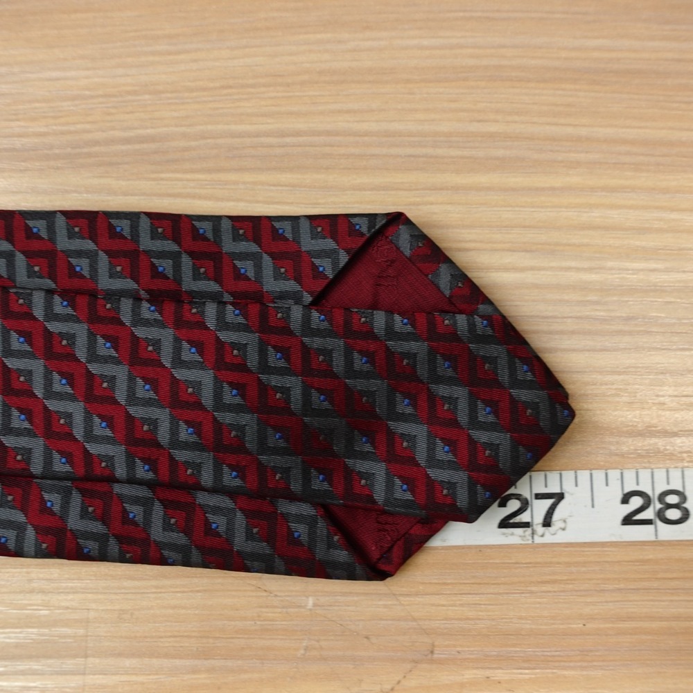 Yves Saint Laurent Tie Mens Burgundy Red Gray Chevron Stripe Skinny Luxury YSL - Picture 6 of 12